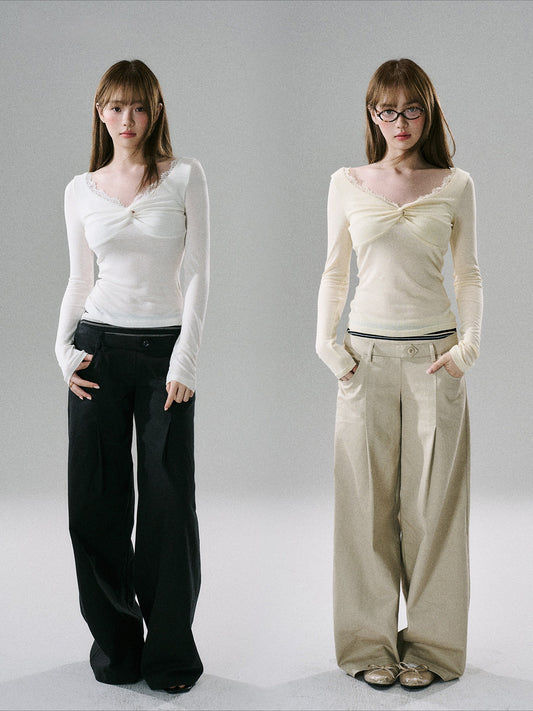LOST FOREST - Lace Twist-Font Fitted Top (Cream White / Goose Yellow)