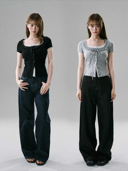 LOST FOREST - Faux-Layered Lace Short-Sleeve Top (Gray White / Black White)