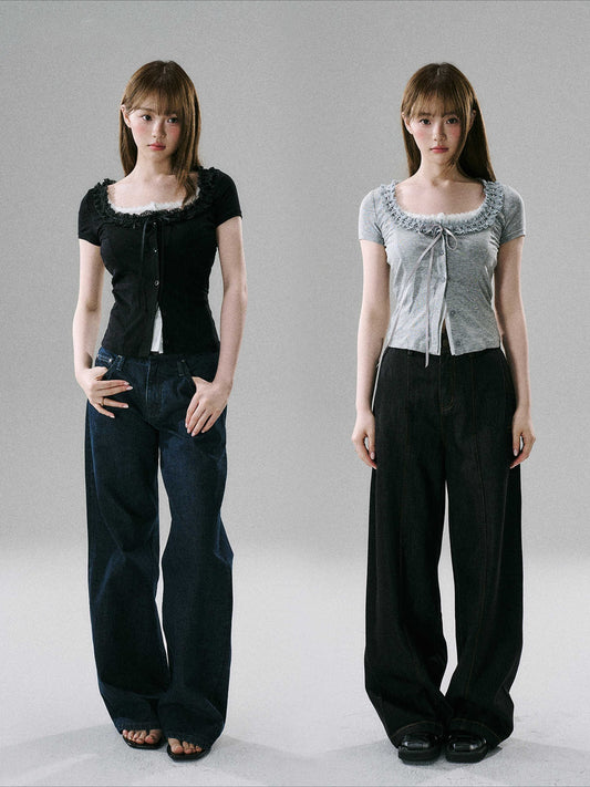 LOST FOREST - Faux-Layered Lace Short-Sleeve Top (Gray White / Black White)