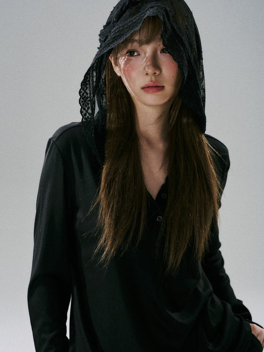 LOST FOREST - Black Lace Bow-Detail Long-Sleeve Top