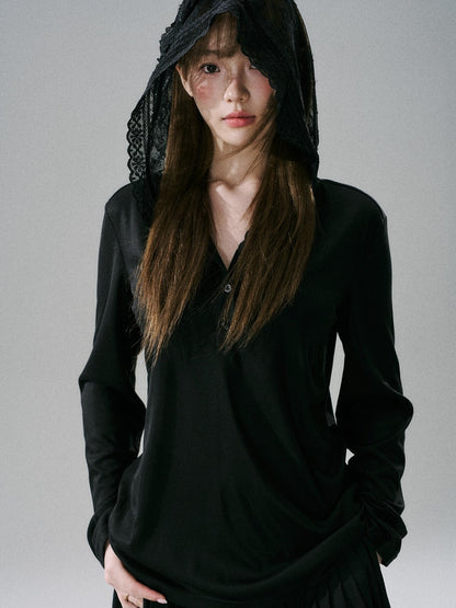 LOST FOREST - Black Lace Bow-Detail Long-Sleeve Top
