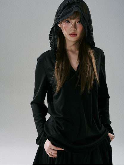 LOST FOREST - Black Lace Bow-Detail Long-Sleeve Top