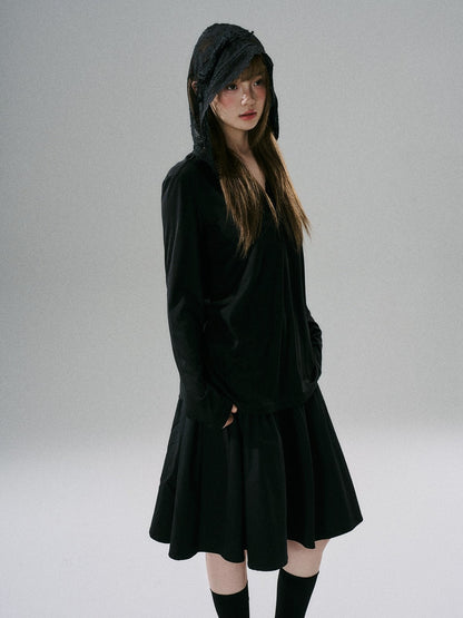 LOST FOREST - Black Lace Bow-Detail Long-Sleeve Top