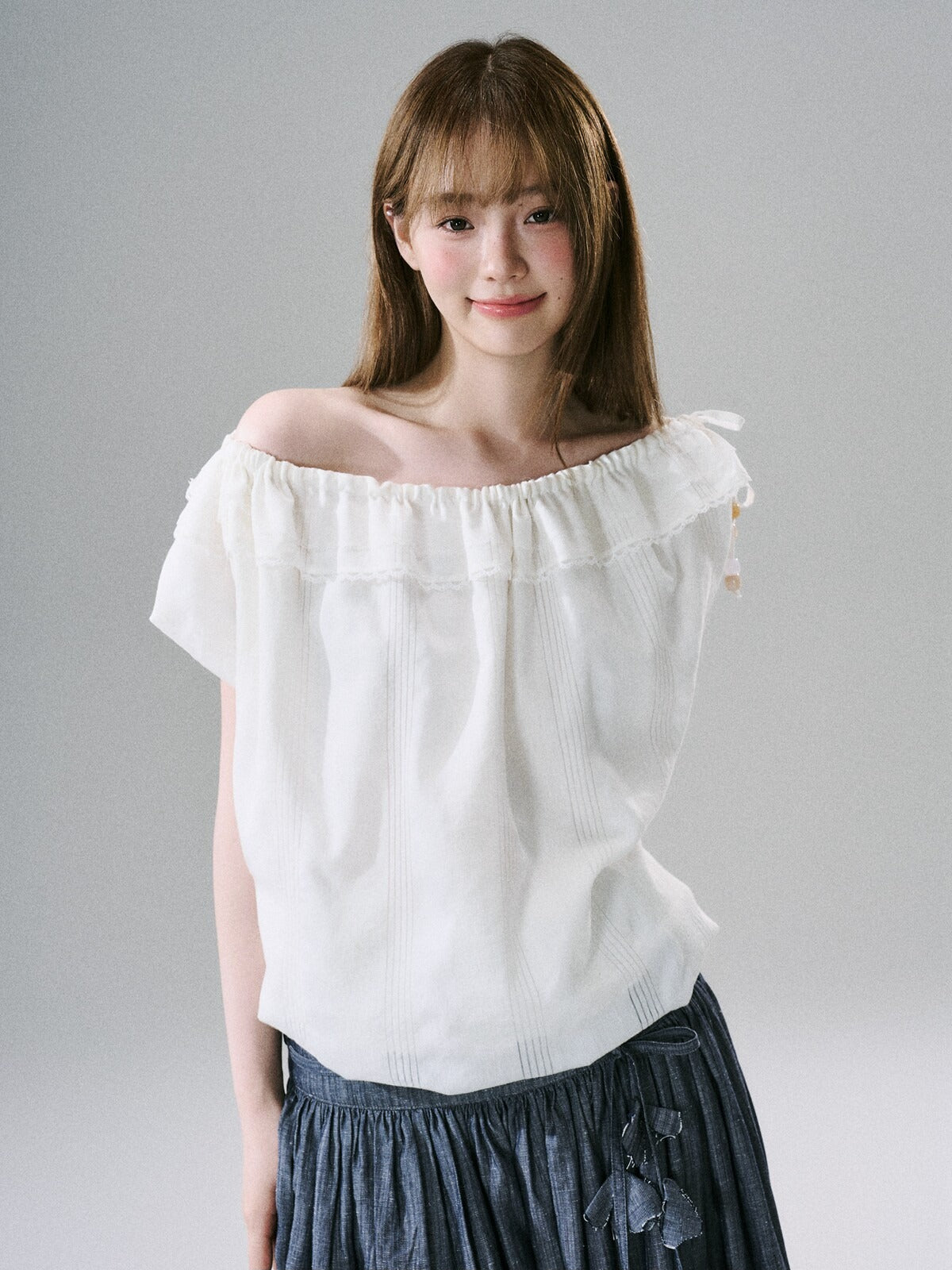LOST FOREST - Natural Linen-Blend Drawstring Shoulder Top