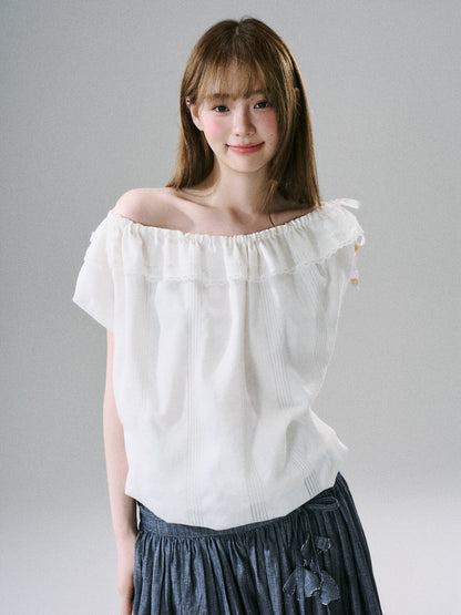 LOST FOREST - Natural Linen-Blend Drawstring Shoulder Top