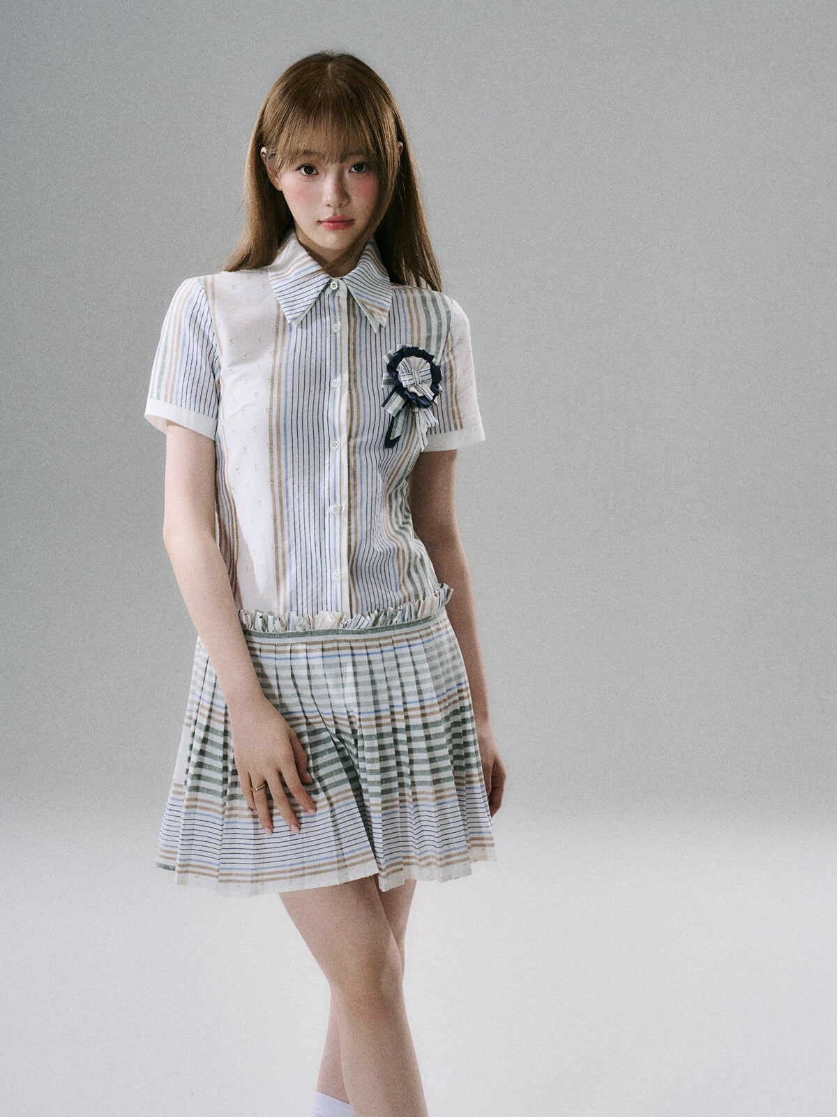 LOST FOREST - Blueberry Striped Pleated Cotton Mini Dress