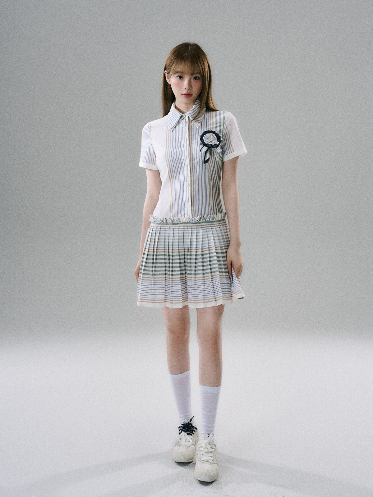 LOST FOREST - Blueberry Striped Pleated Cotton Mini Dress