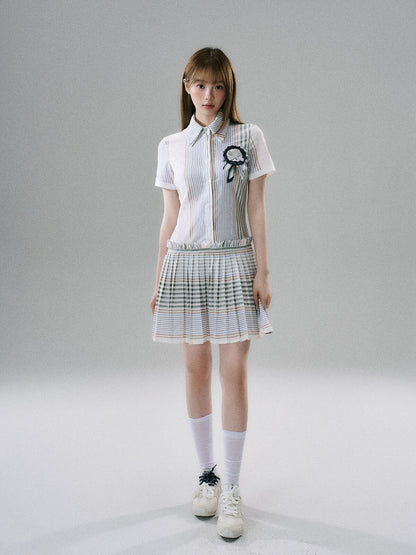 LOST FOREST - Blueberry Striped Pleated Cotton Mini Dress