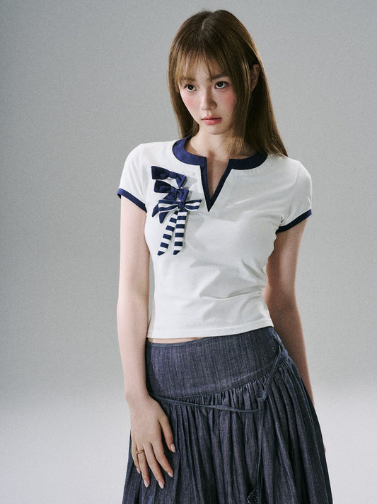 LOST FOREST - Blue & White Bow-Detail V-Neck Fitted T-Shirt