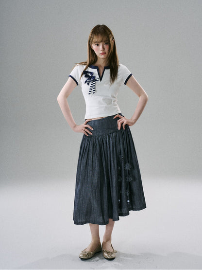LOST FOREST - Blue & White Bow-Detail V-Neck Fitted T-Shirt