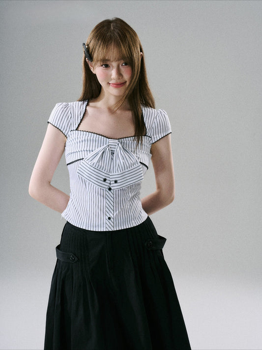 LOST FOREST - Black And White Striped Bow Crop Top
