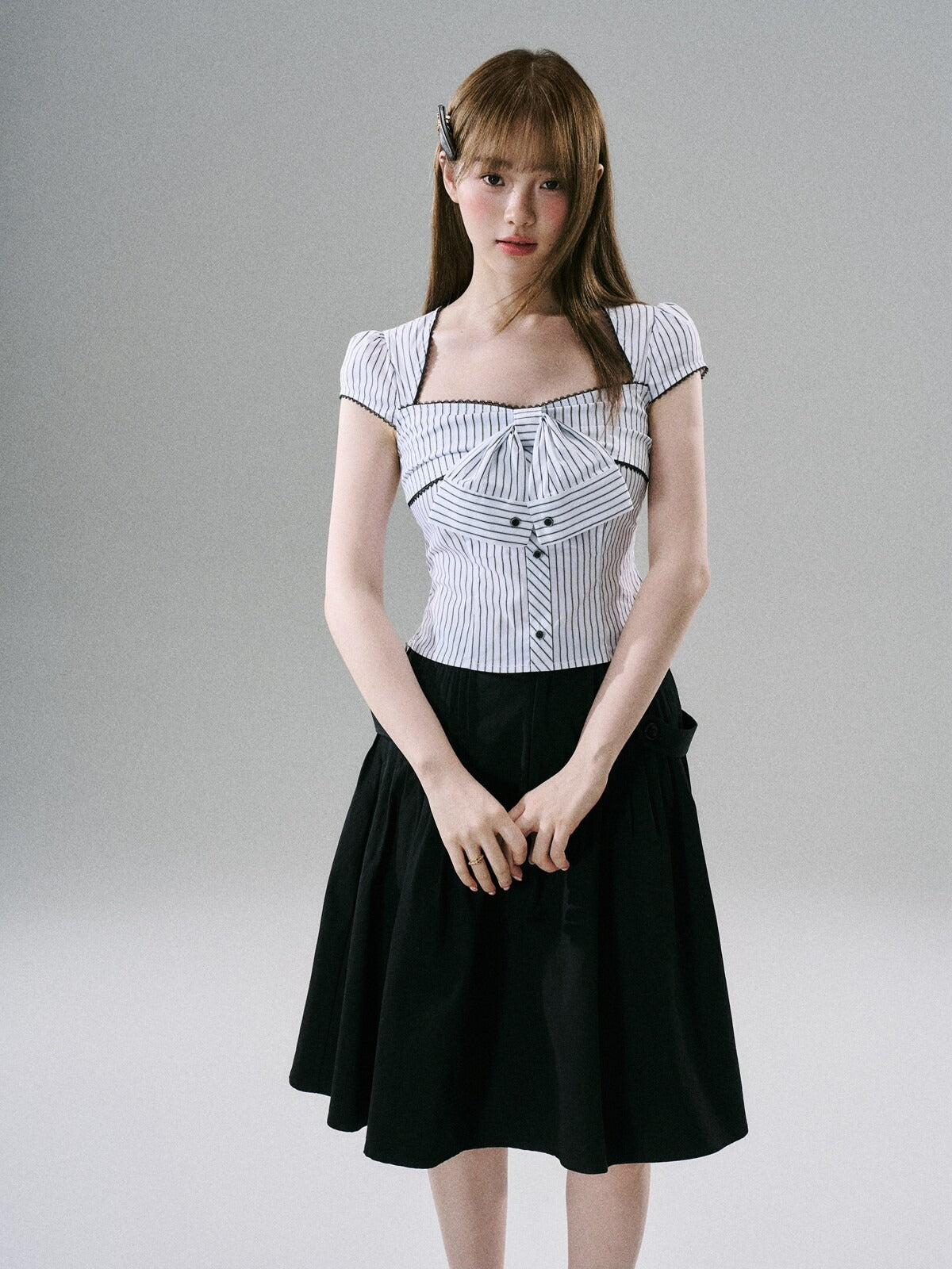 LOST FOREST - Black And White Striped Bow Crop Top