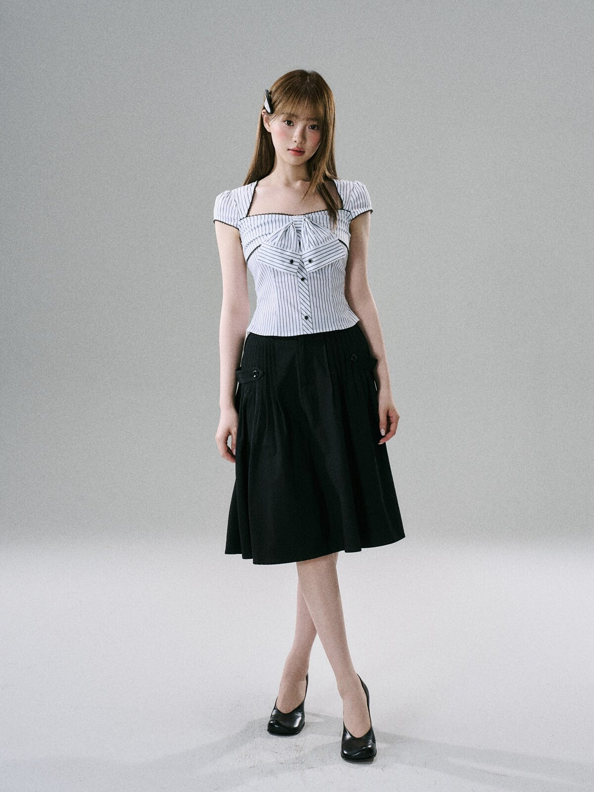 LOST FOREST - Black And White Striped Bow Crop Top