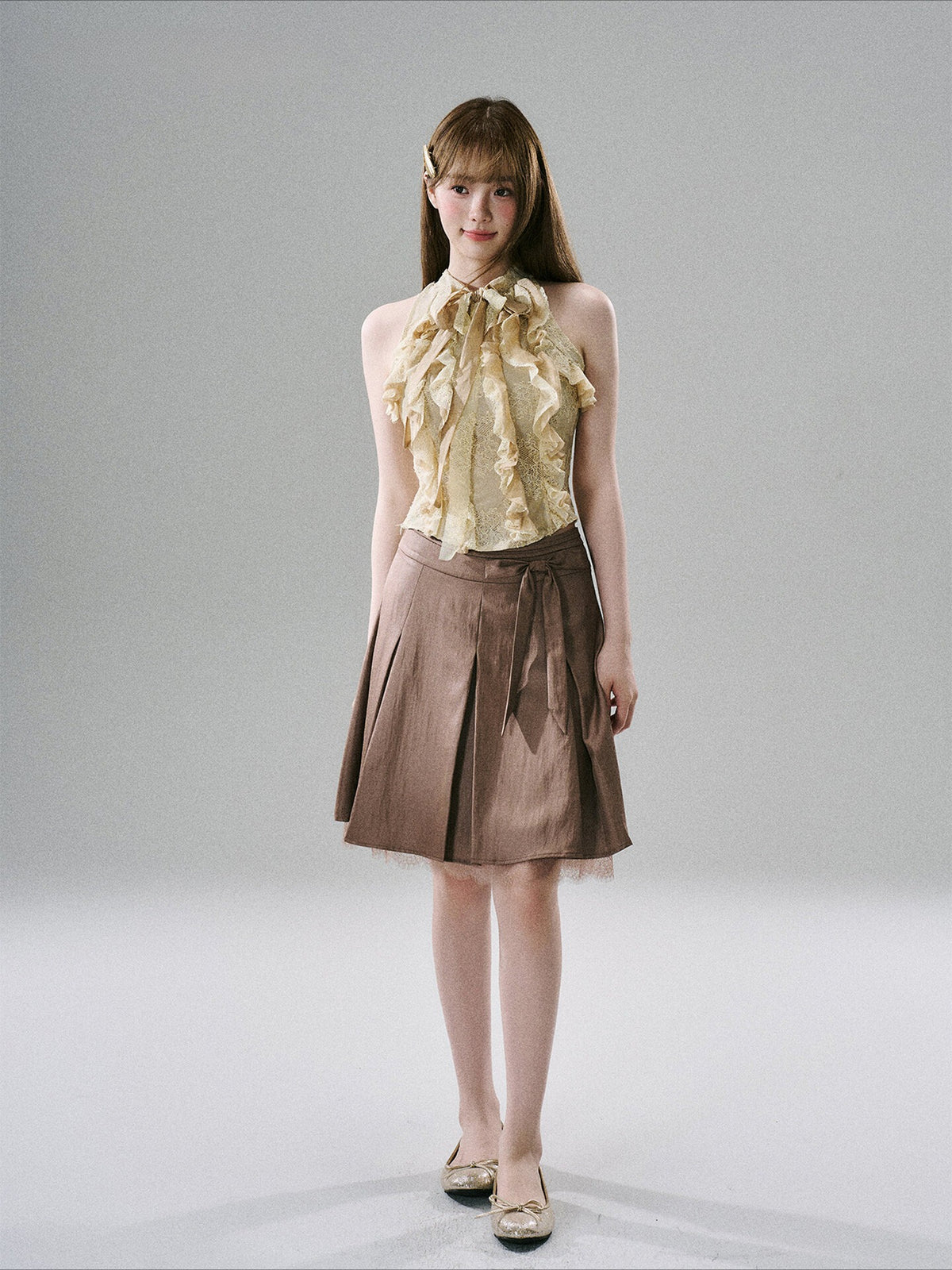 LOST FOREST - Satin Lace Midi Skirt with Bow Detail (Red-Brown / Deep Black)