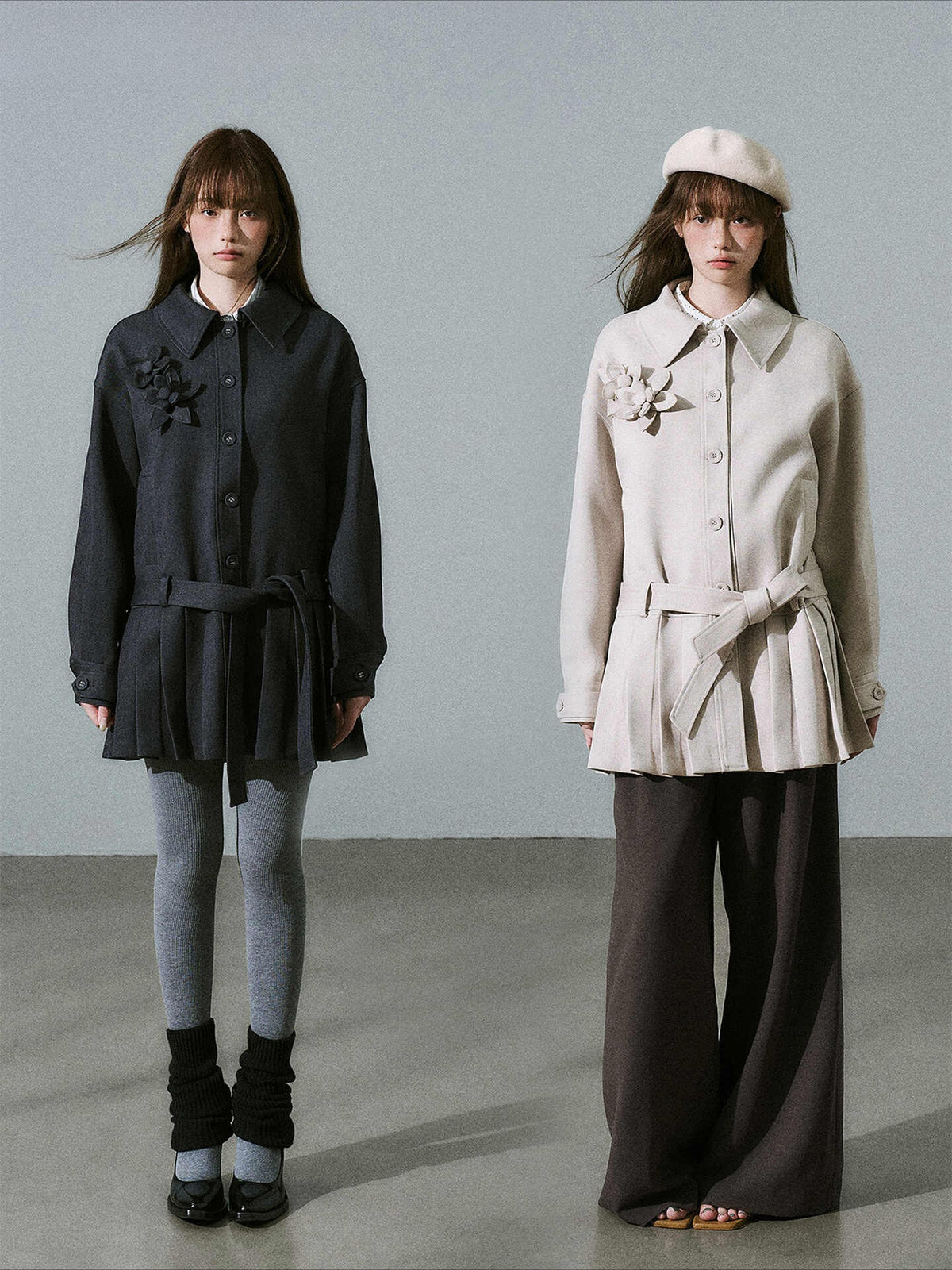 LOST FOREST - Charcoal Gray Flower Trench Coat