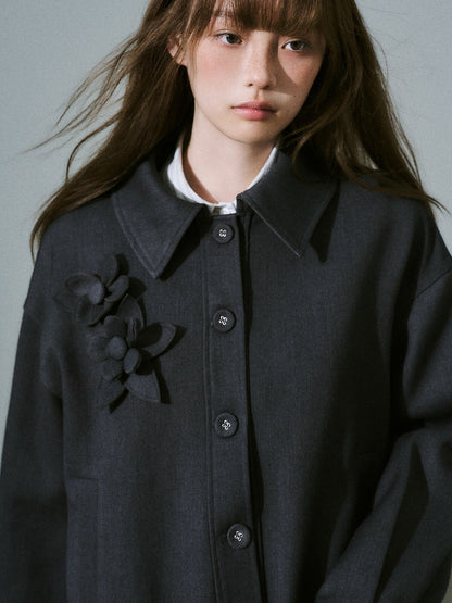 LOST FOREST - Charcoal Gray Flower Trench Coat