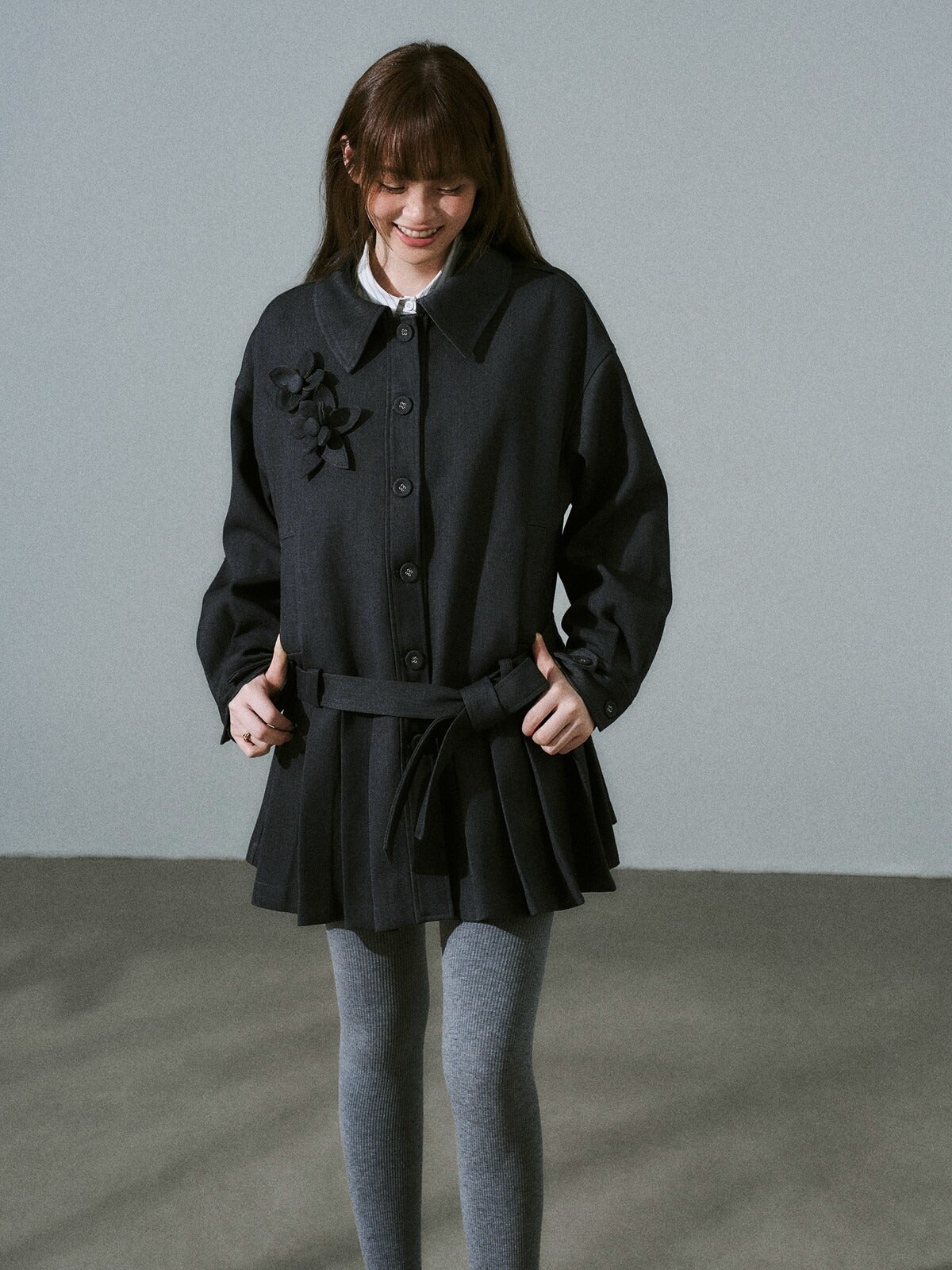 LOST FOREST - Charcoal Gray Flower Trench Coat