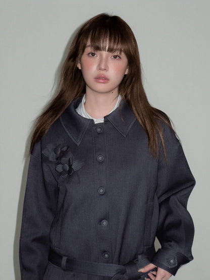 LOST FOREST - Charcoal Gray Flower Trench Coat