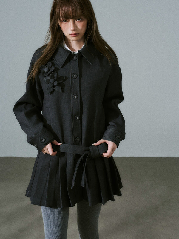 LOST FOREST - Charcoal Gray Flower Trench Coat