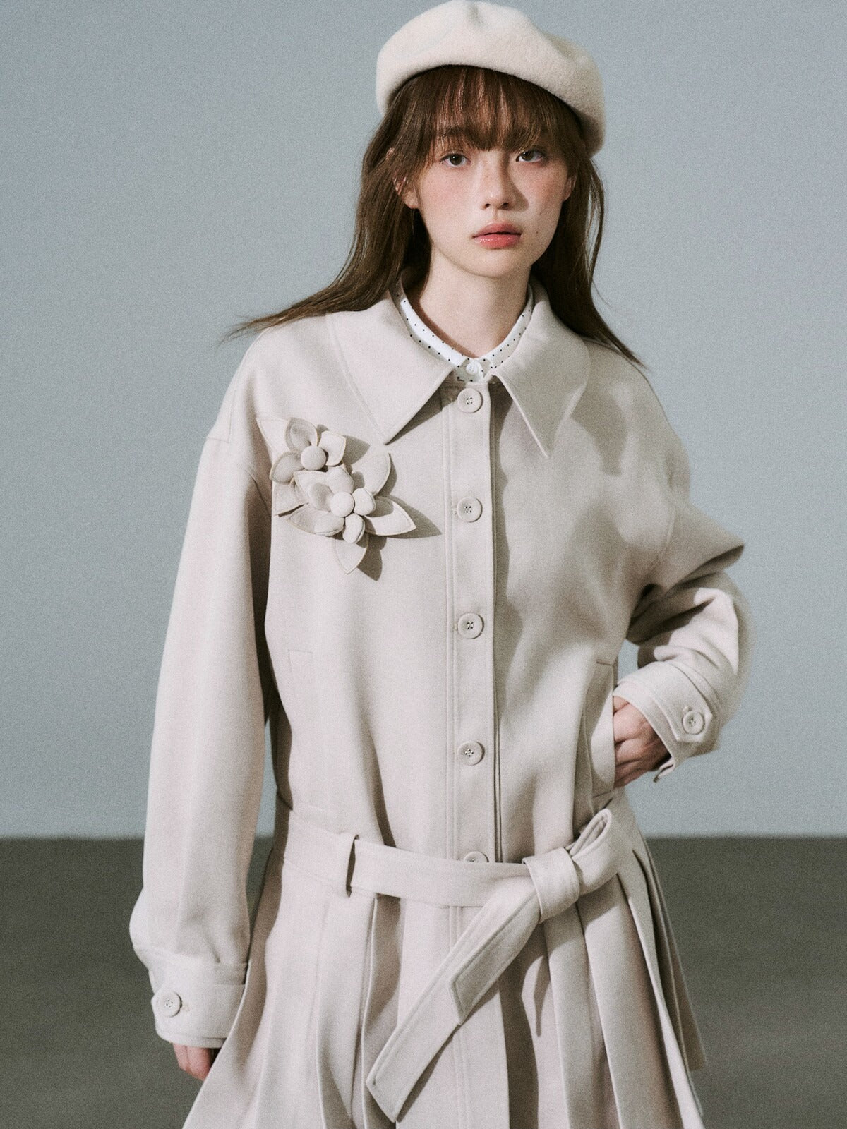 LOST FOREST - Light Khaki Flower Trench Coat
