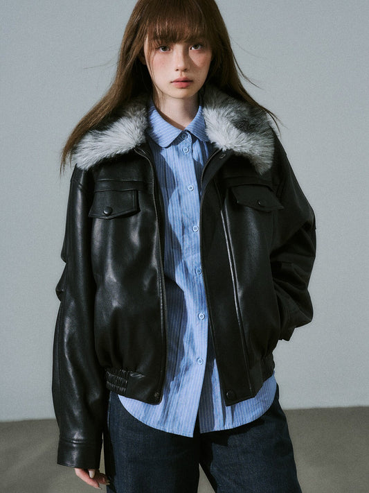 LOST FOREST - Black Faux Leather Moto Jacket with Plaid Wool Collar