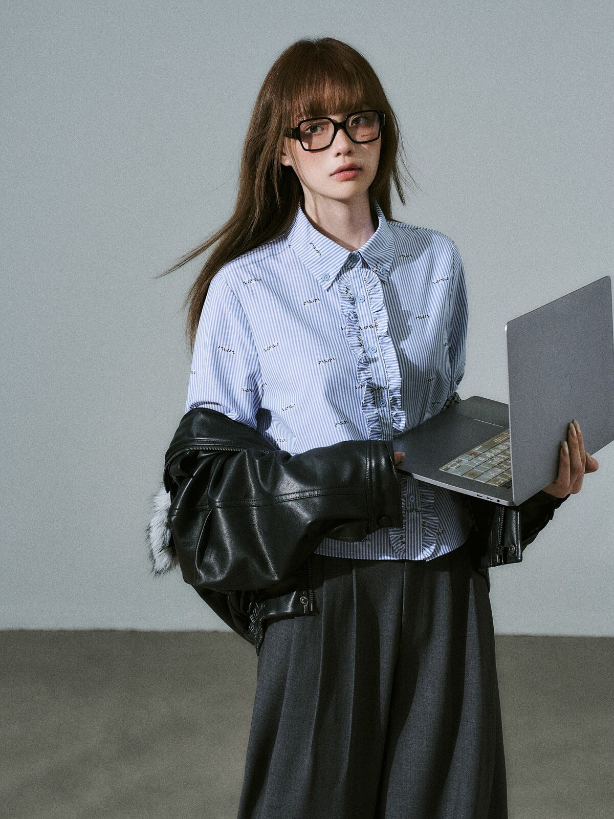 LOST FOREST - Black Faux Leather Moto Jacket with Plaid Wool Collar