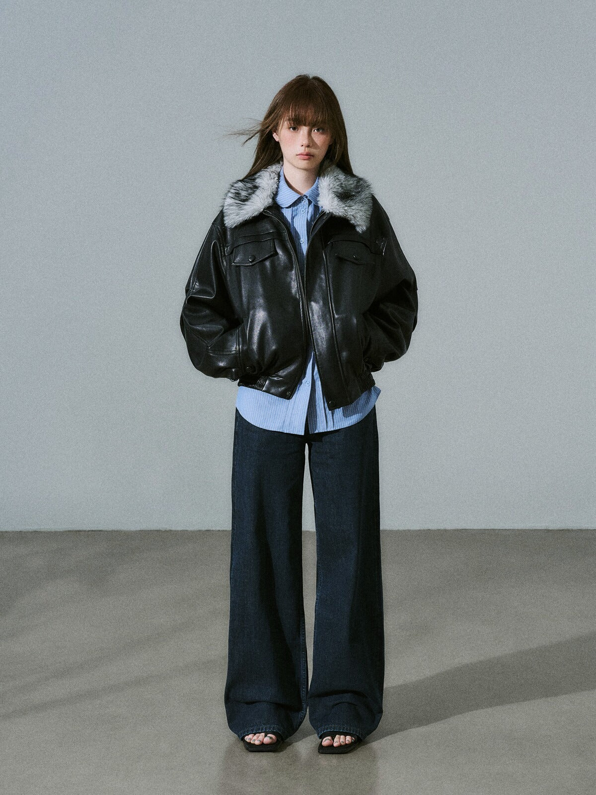 LOST FOREST - Black Faux Leather Moto Jacket with Plaid Wool Collar