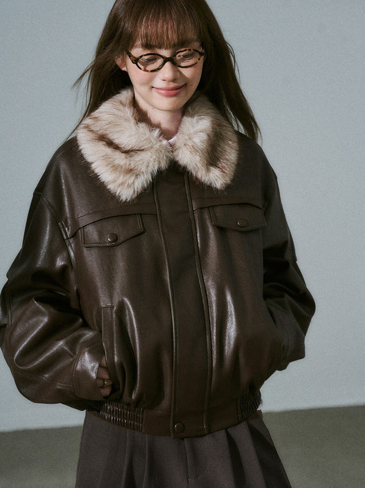 LOST FOREST - Pink-Brown Faux Leather Moto Jacket with Plaid Wool Collar
