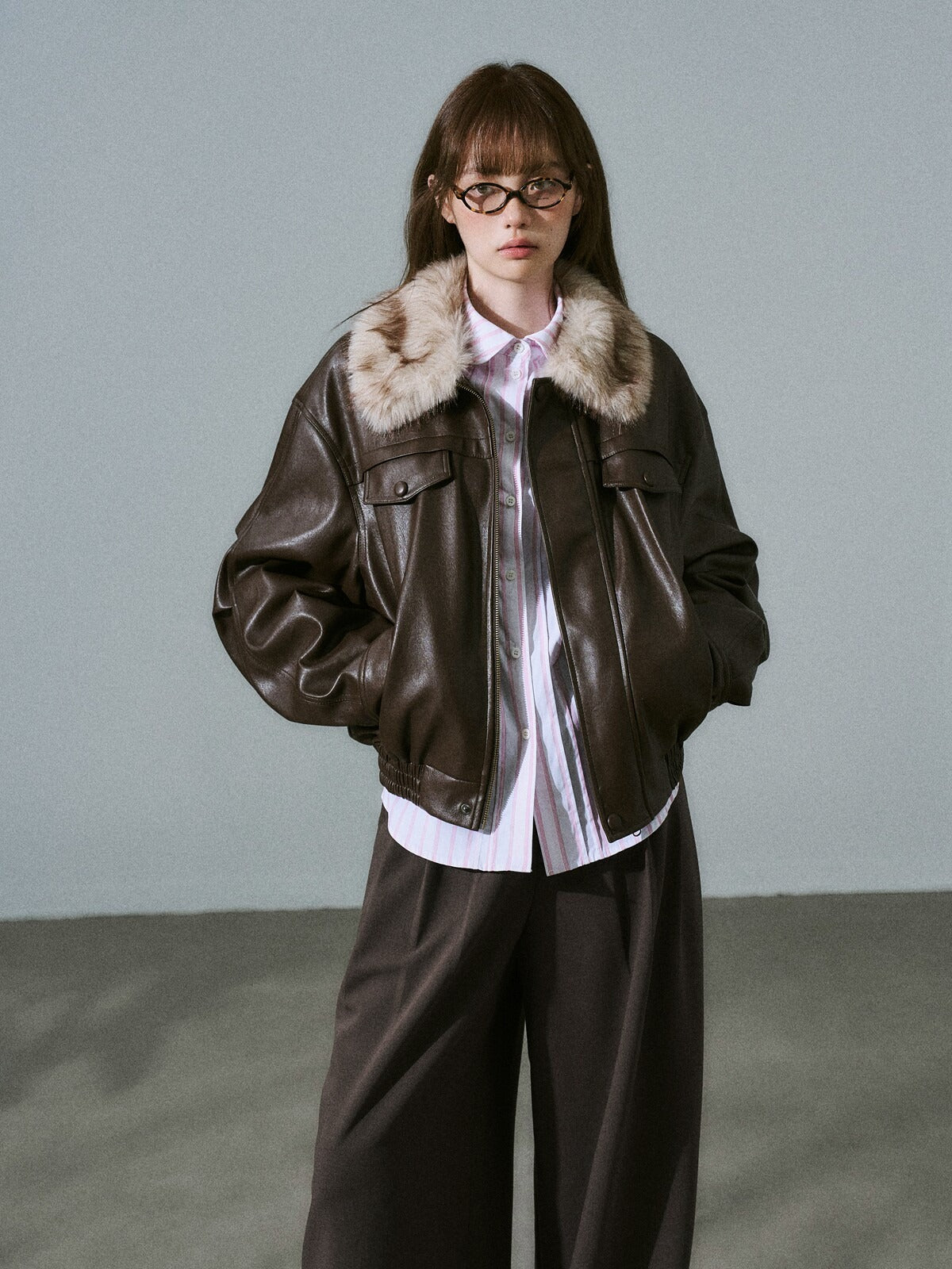 LOST FOREST - Pink-Brown Faux Leather Moto Jacket with Plaid Wool Collar