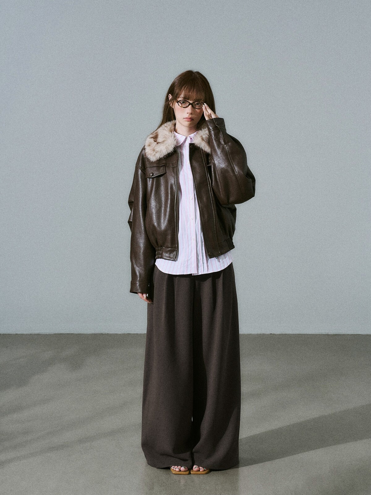 LOST FOREST - Pink-Brown Faux Leather Moto Jacket with Plaid Wool Collar