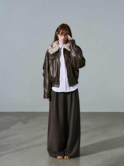 LOST FOREST - Pink-Brown Faux Leather Moto Jacket with Plaid Wool Collar