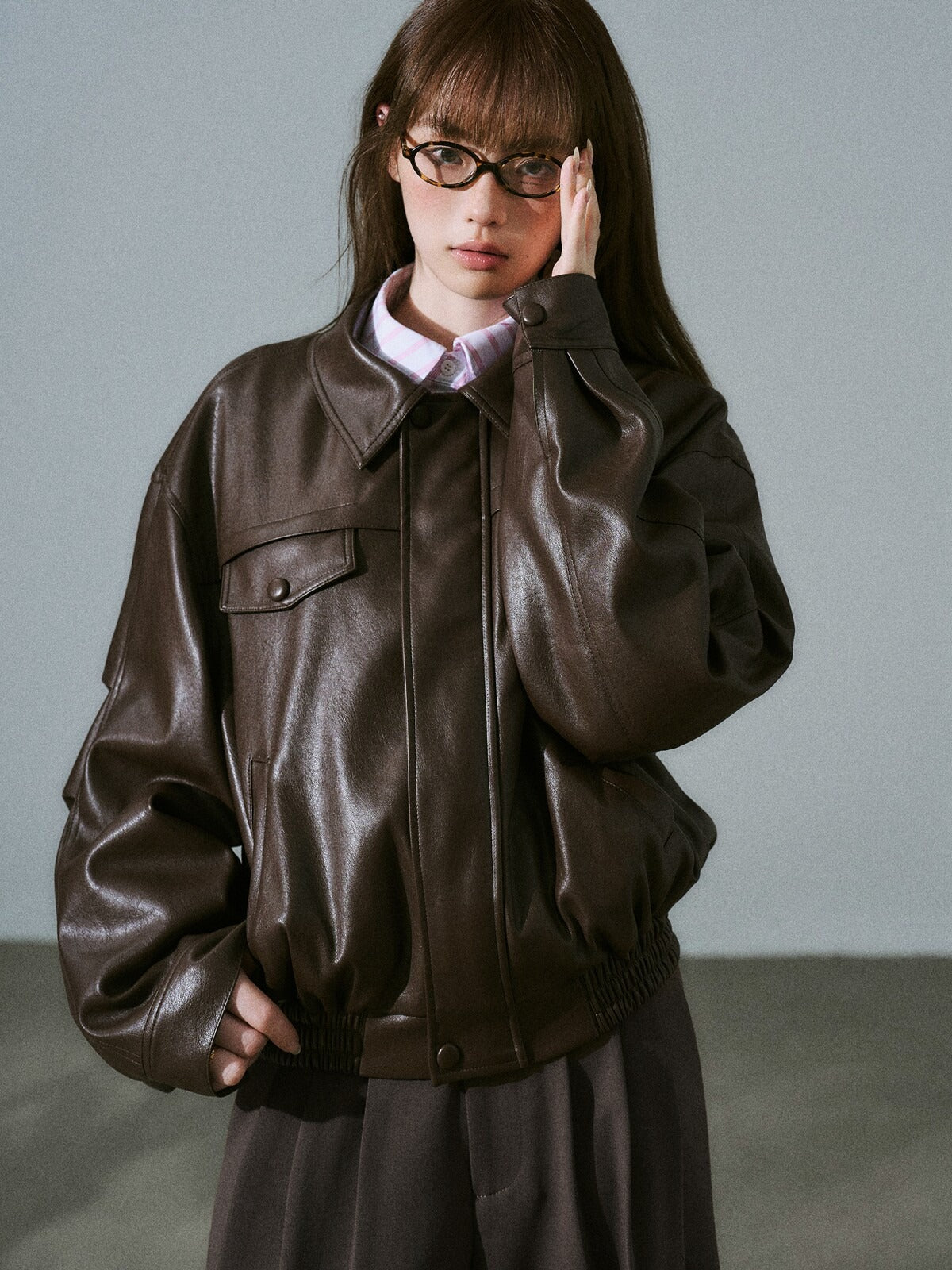 LOST FOREST - Pink-Brown Faux Leather Moto Jacket with Plaid Wool Collar
