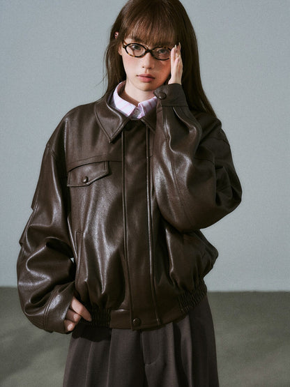 LOST FOREST - Pink-Brown Faux Leather Moto Jacket with Plaid Wool Collar