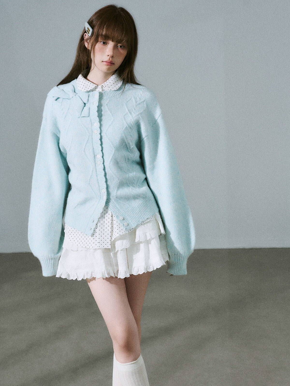 LOST FOREST - Teal Green Wool Blend Bow Cardigan