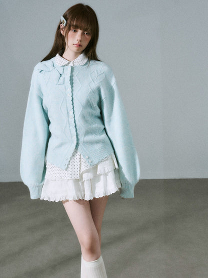 LOST FOREST - Teal Green Wool Blend Bow Cardigan