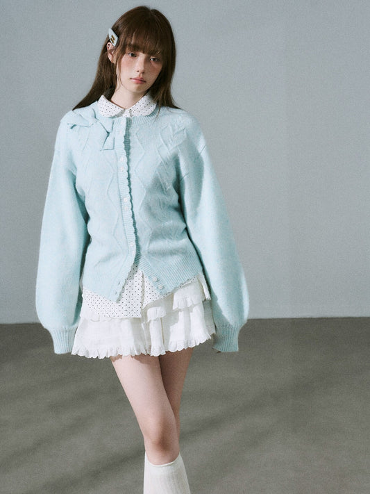 LOST FOREST - Teal Green Wool Blend Bow Cardigan