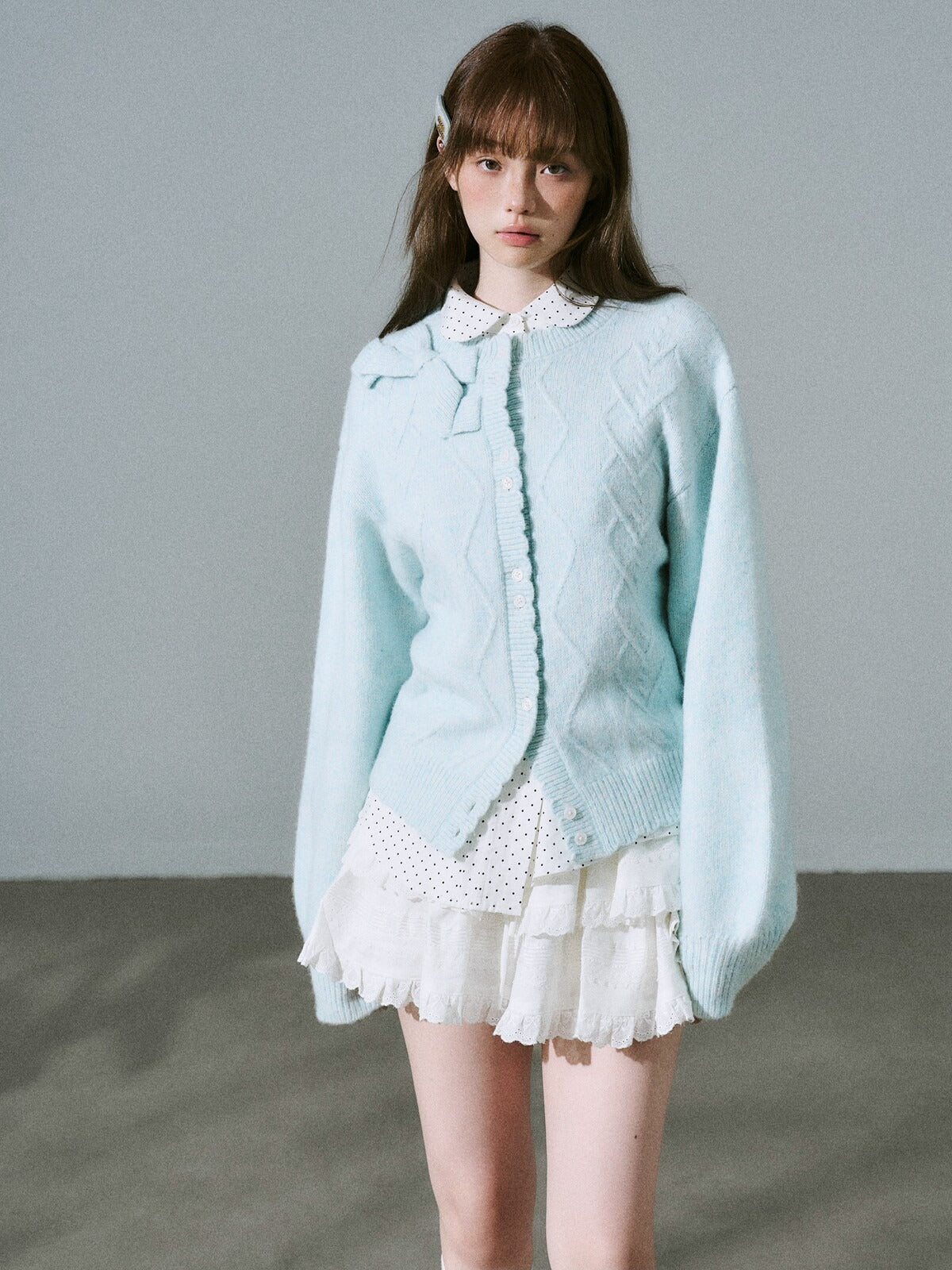 LOST FOREST - Teal Green Wool Blend Bow Cardigan