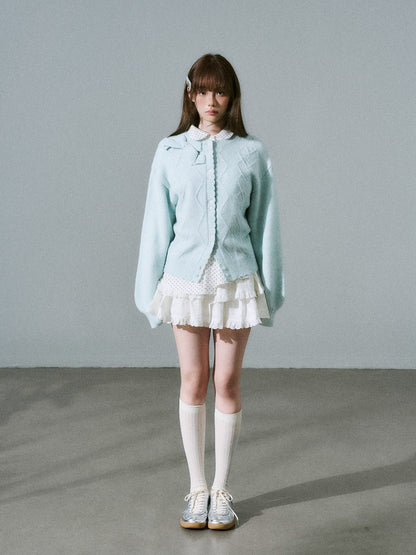 LOST FOREST - Teal Green Wool Blend Bow Cardigan