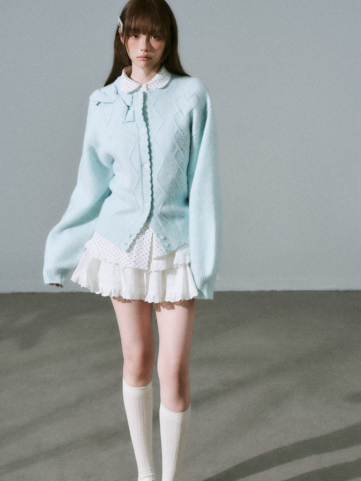 LOST FOREST - Teal Green Wool Blend Bow Cardigan