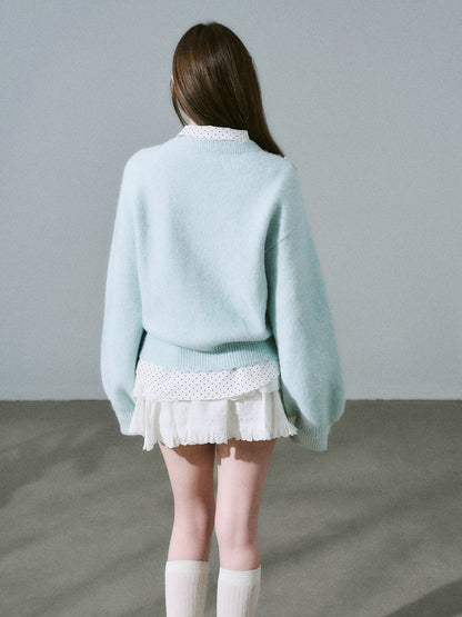 LOST FOREST - Teal Green Wool Blend Bow Cardigan