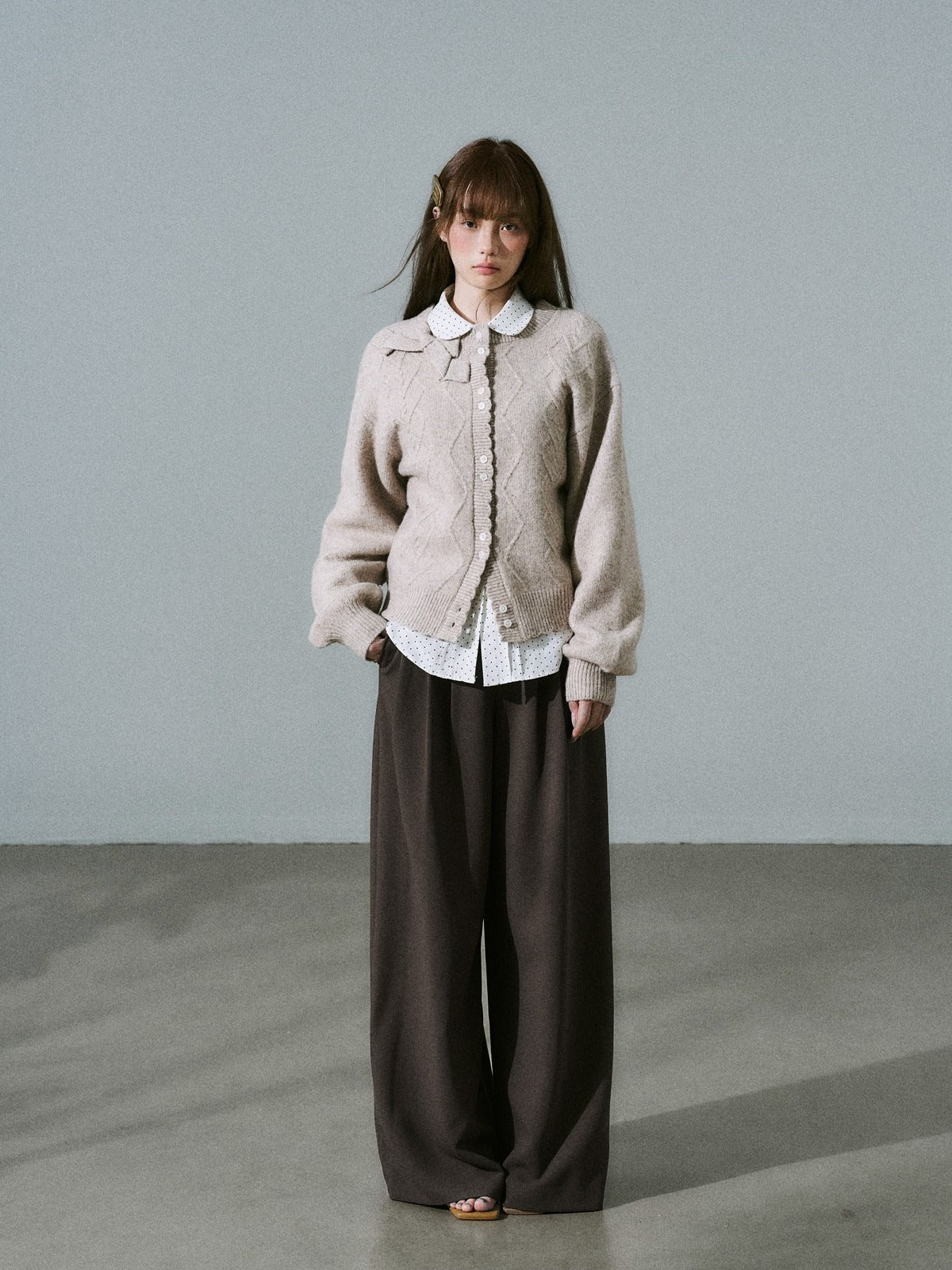 LOST FOREST - Flower Camel Wool Blend Bow Cardigan