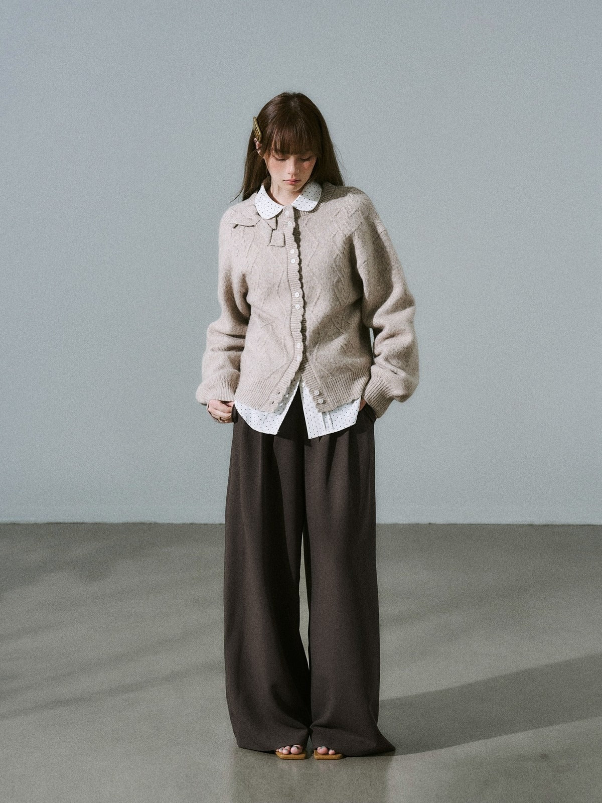 LOST FOREST - Flower Camel Wool Blend Bow Cardigan