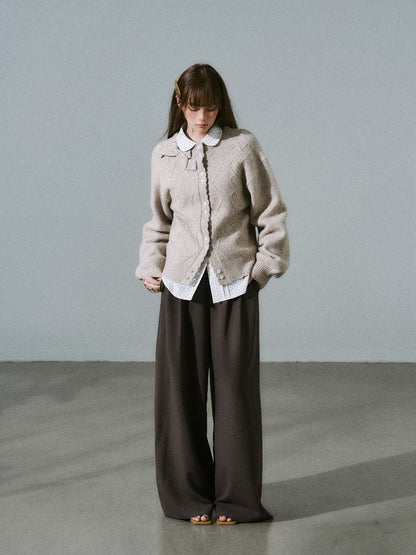 LOST FOREST - Flower Camel Wool Blend Bow Cardigan