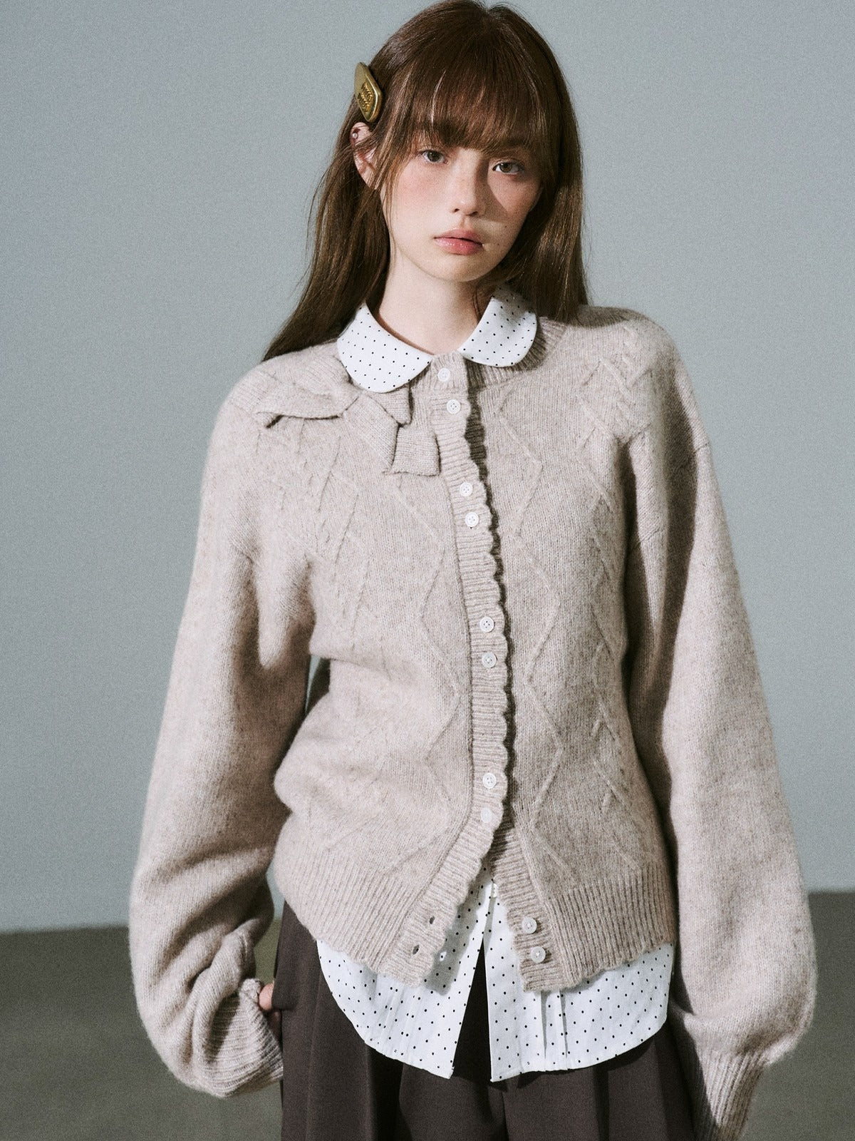 LOST FOREST - Flower Camel Wool Blend Bow Cardigan