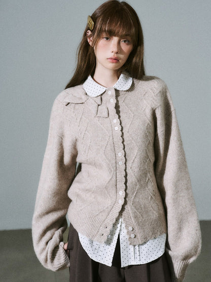 LOST FOREST - Flower Camel Wool Blend Bow Cardigan