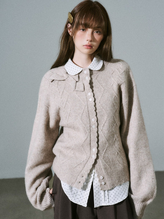 LOST FOREST - Flower Camel Wool Blend Bow Cardigan