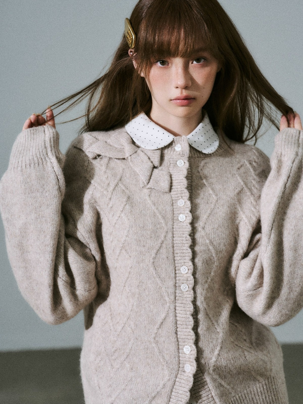 LOST FOREST - Flower Camel Wool Blend Bow Cardigan