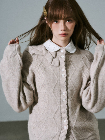 LOST FOREST - Flower Camel Wool Blend Bow Cardigan