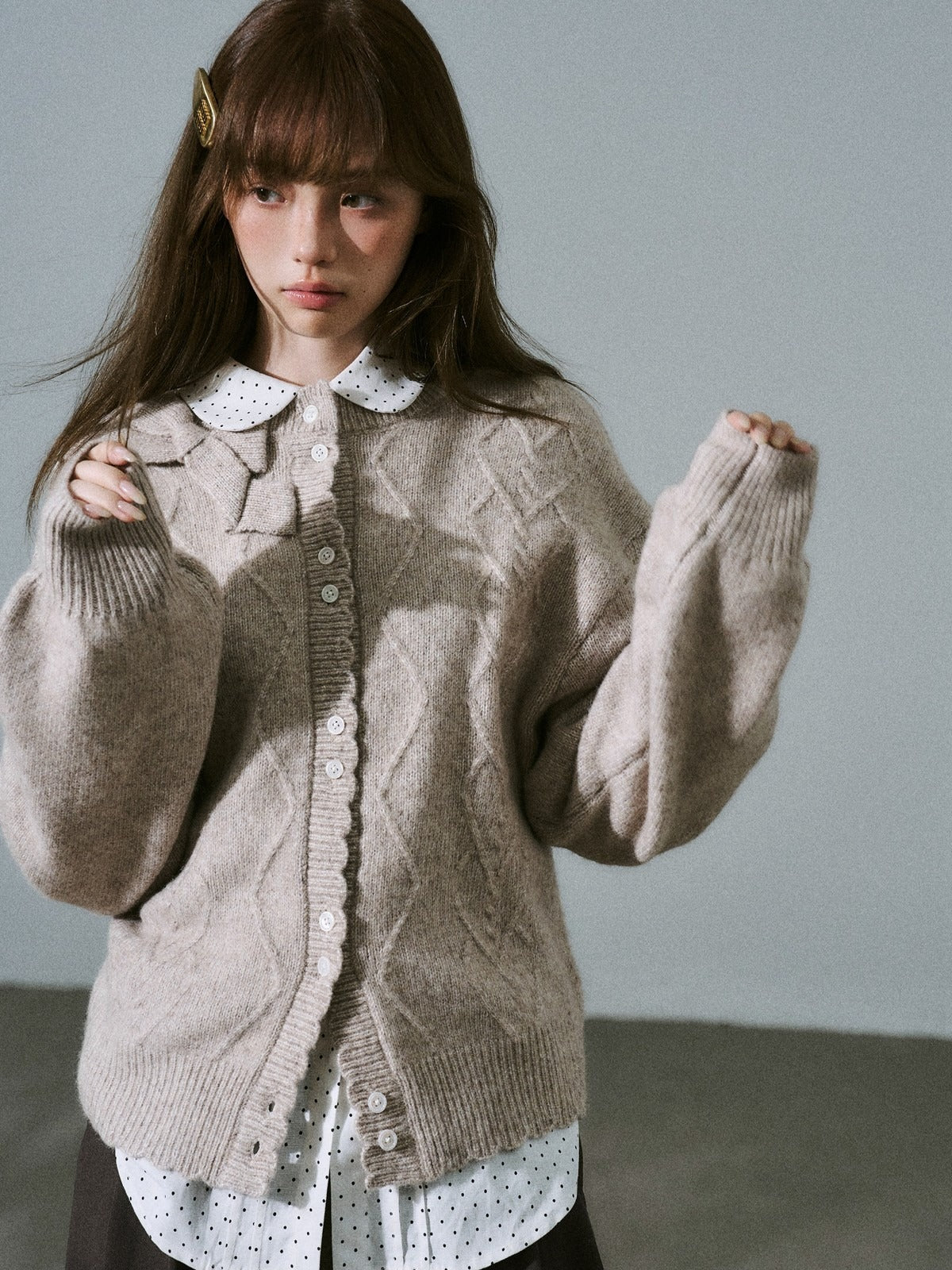 LOST FOREST - Flower Camel Wool Blend Bow Cardigan