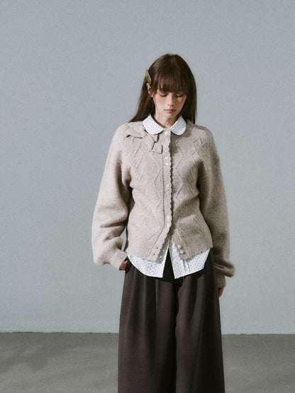 LOST FOREST - Flower Camel Wool Blend Bow Cardigan